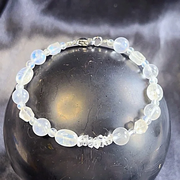 Hand Made Rainbow Moonstone Diamond Quartz Bracelet - Picture 3 of 3